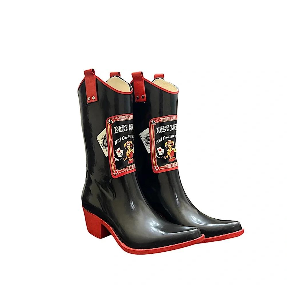 NOMAD - BLACK RED WESTERN RUBBER RAIN BOOTS